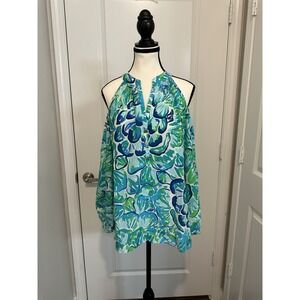 Lilly Pulitzer Silk Elsa Cold Shoulder Top M Blue‎ Green Print Resort Vacation
